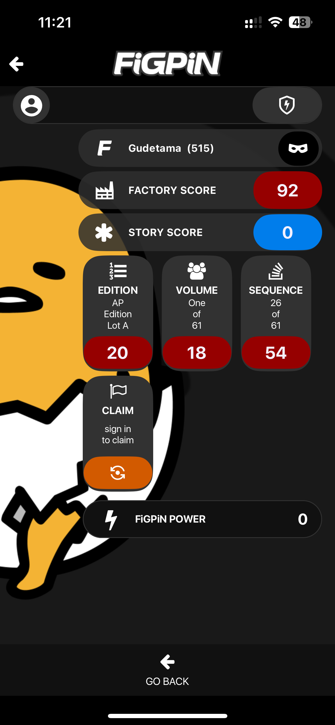 FiGPiN Gudetama [Shorts] #515 Limited Edition 1500 Artist Proof Ap