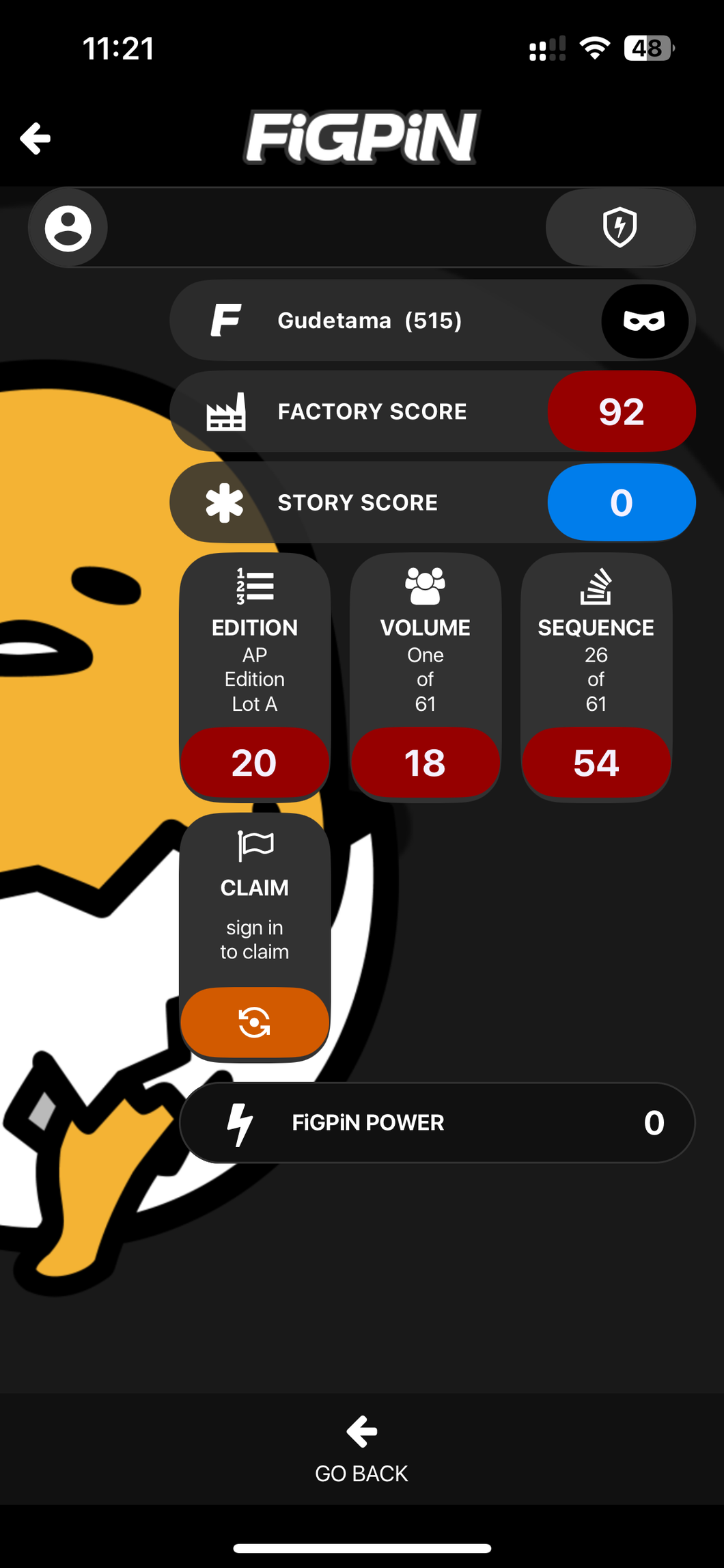 FiGPiN Gudetama [Shorts] #515 Limited Edition 1500 Artist Proof Ap