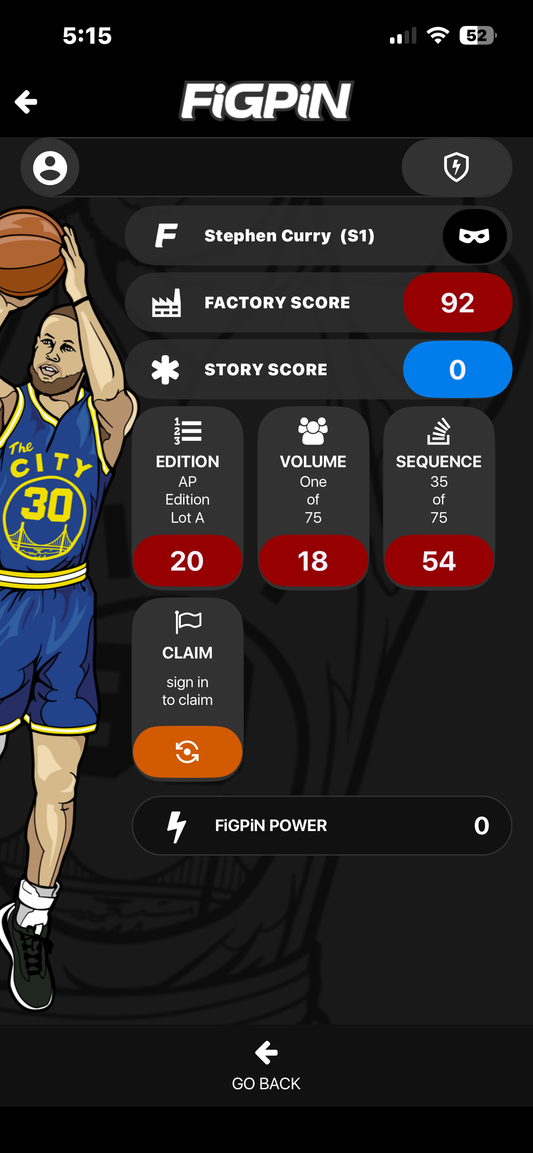 Ap Artist Proof FiGPiN NBA Stephen Curry Golden State Warriors Pin #S1