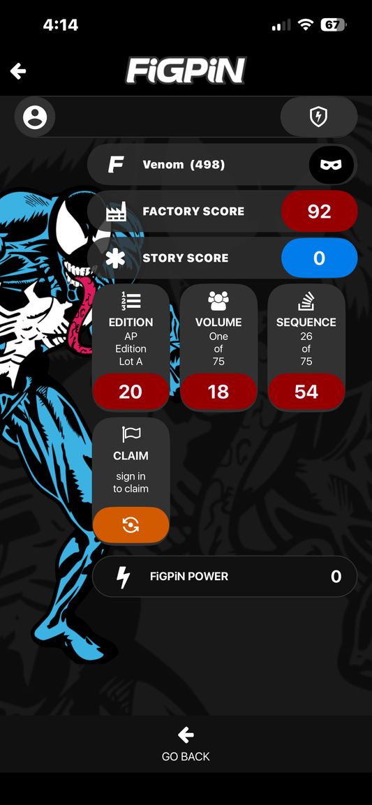 FiGPiN AP Artist Proof  Venom (498)  Marvel Pin