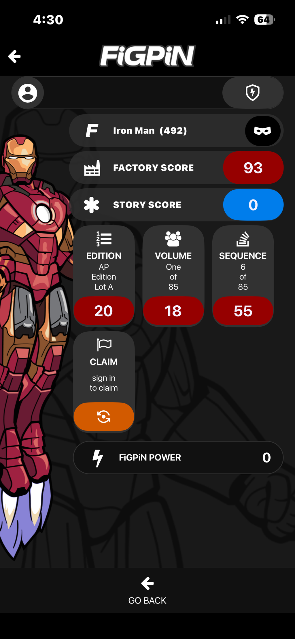 Ap Artist Proof FiGPiN Marvel Iron Man #492 Contest Of Champions