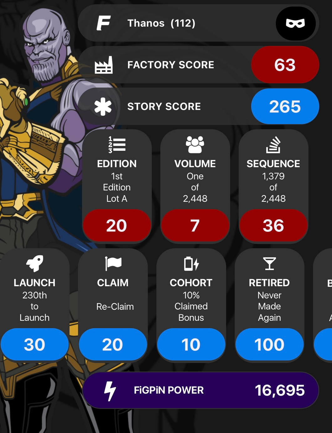 Avengers FiGPiN Thanos #112 Unlocked Max Boosted Snapped