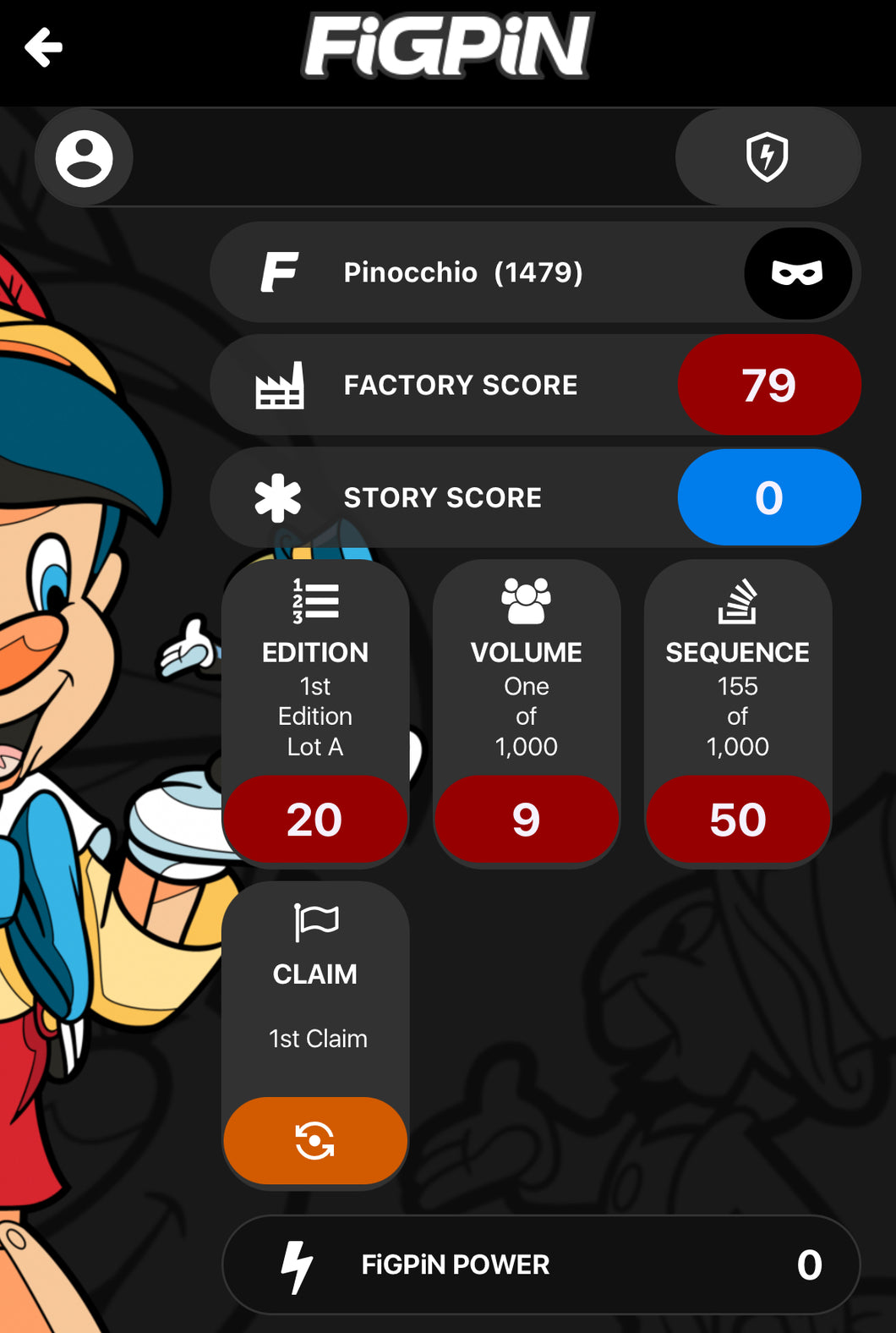 FiGPiN D100 Disney Pinocchio with Jiminy #1479 Locked