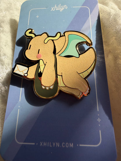 Delivery Dragonite Enamel Pin | Gold Metal, Glitter & UV Print | Xhilyn - Fan Made