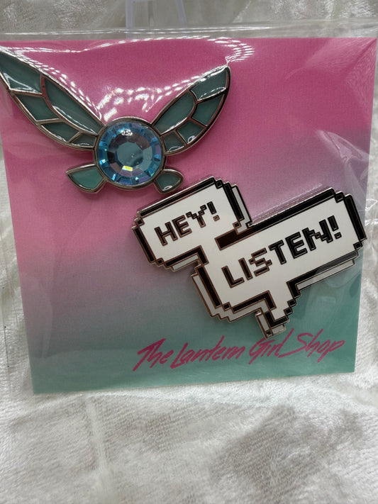 Navi & "Hey! Listen!" Enamel Pin Set | Zelda Stained Glass - by The Lantern Girl Shop