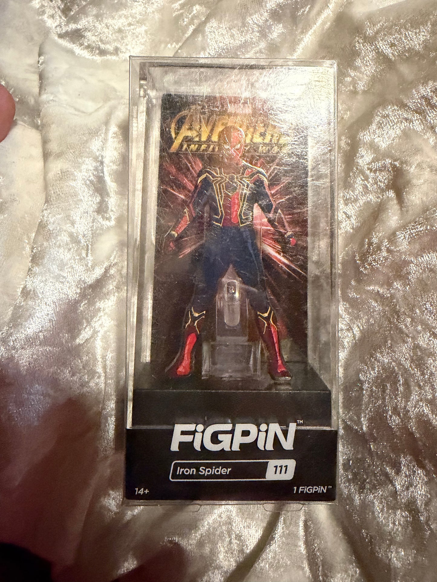 Iron Spider FiGPiN #111 Marvel Avengers Infinity War collectible pin (The Orphanage Collection, scratched case) in display box