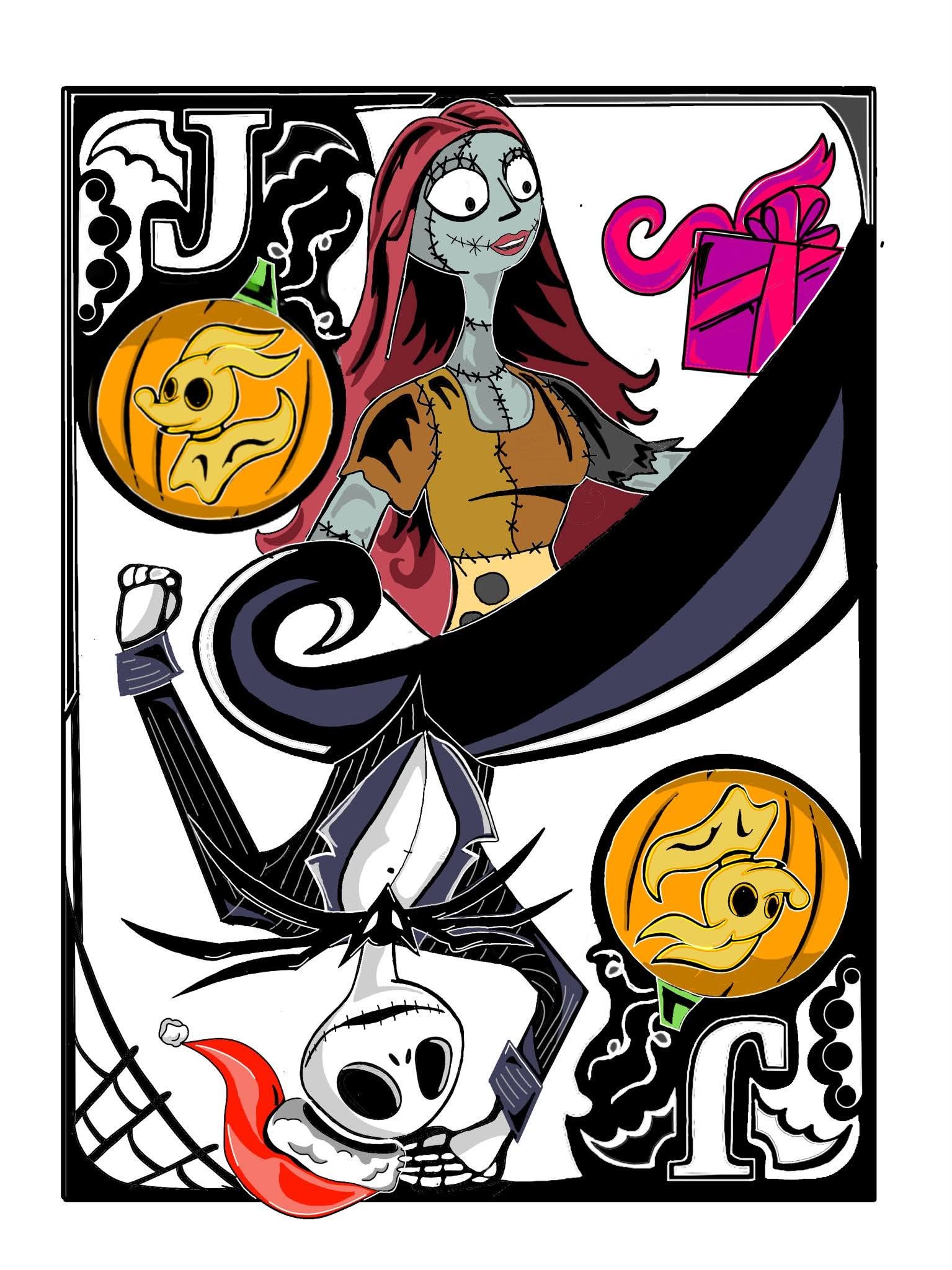 Jack and Sally Card Pin by Bendiesticks LE 75 black nickel glow in the dark enamel pin concept art
