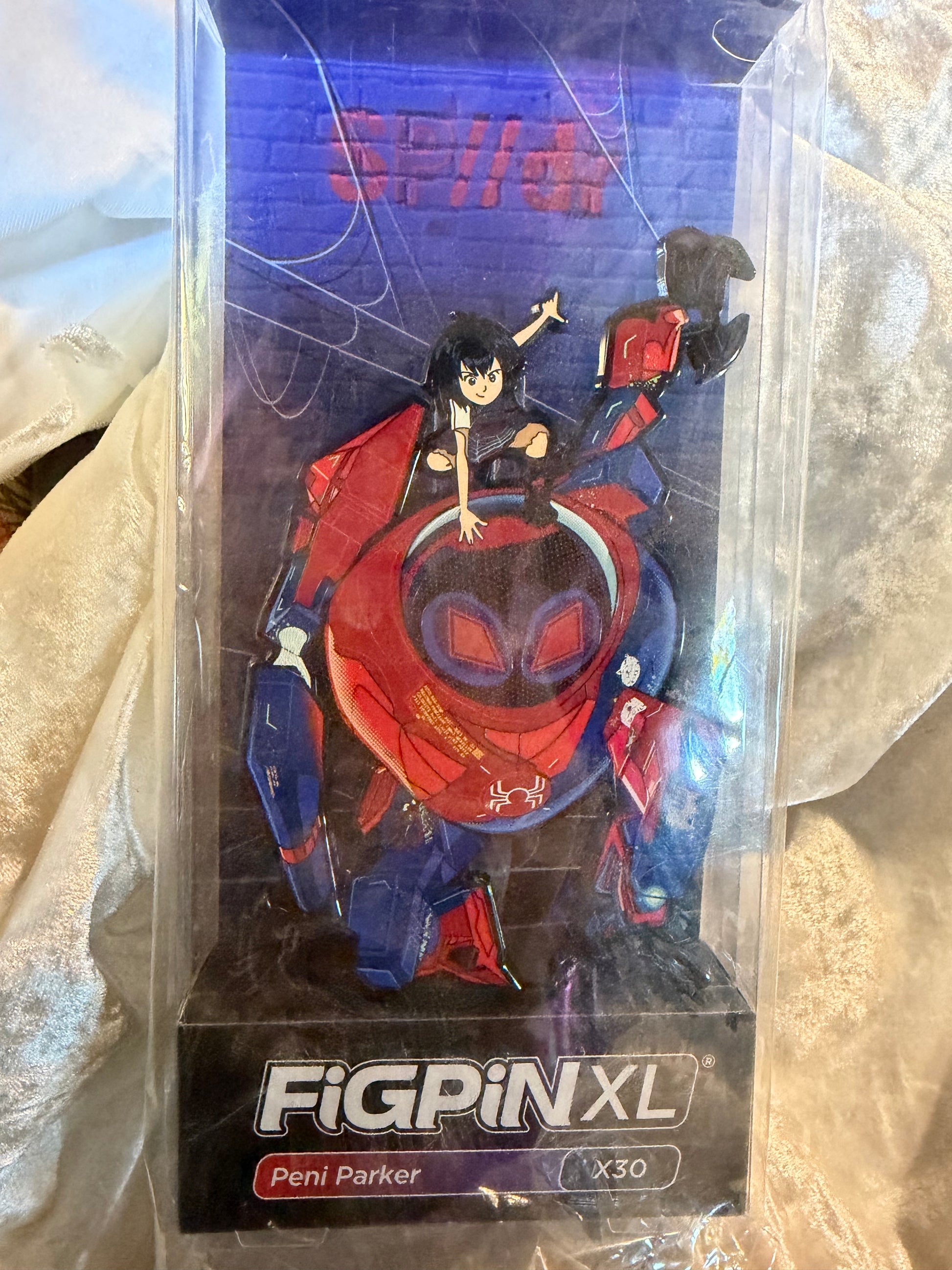 Peni Parker FiGPiN XL #X30 Spider-Man Into the Spider-Verse 6.25-inch metal enamel pin in soft plastic display box with character art card