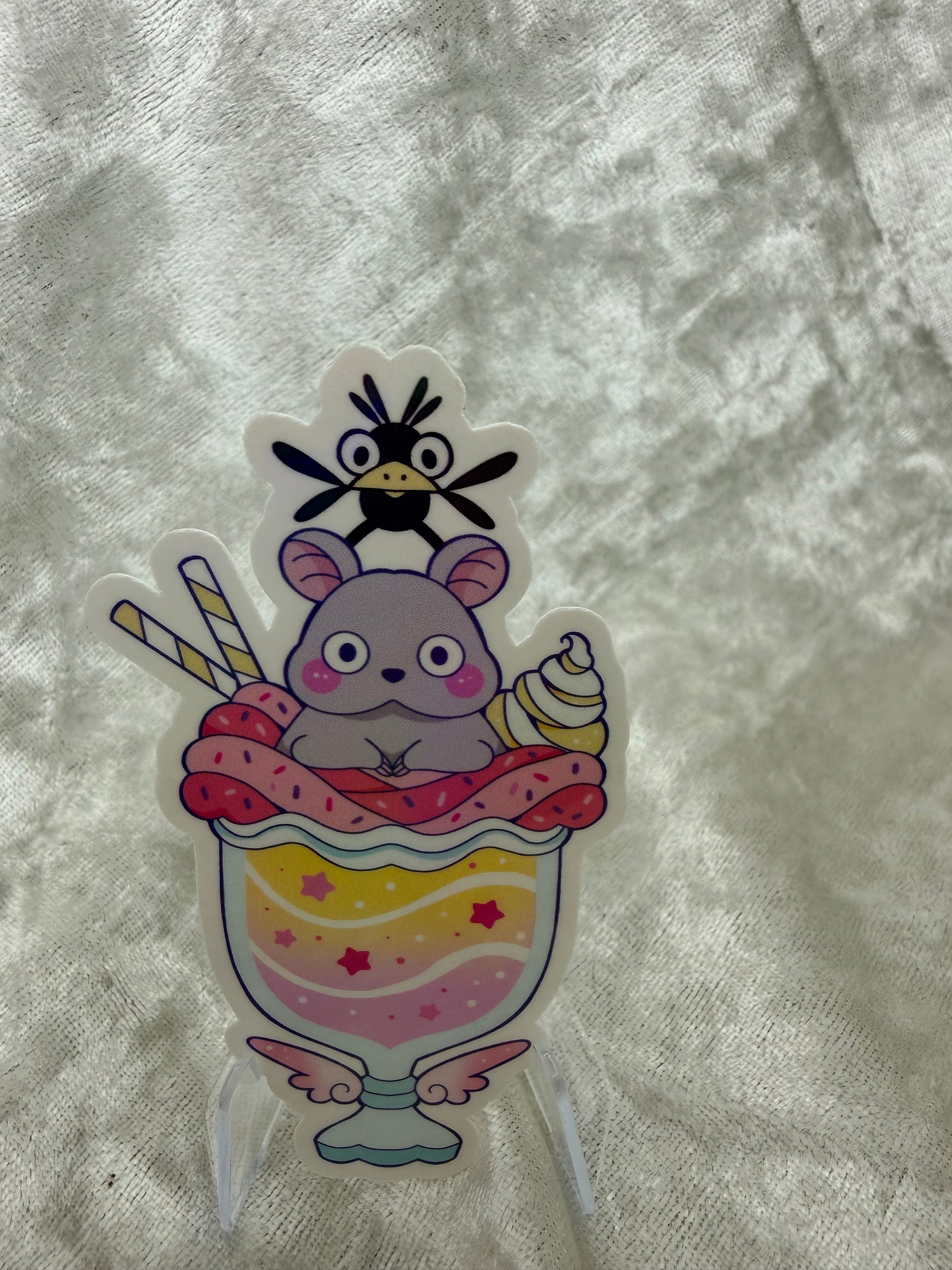 Rainbow holographic studio snacks mouse and bird vinyl sticker