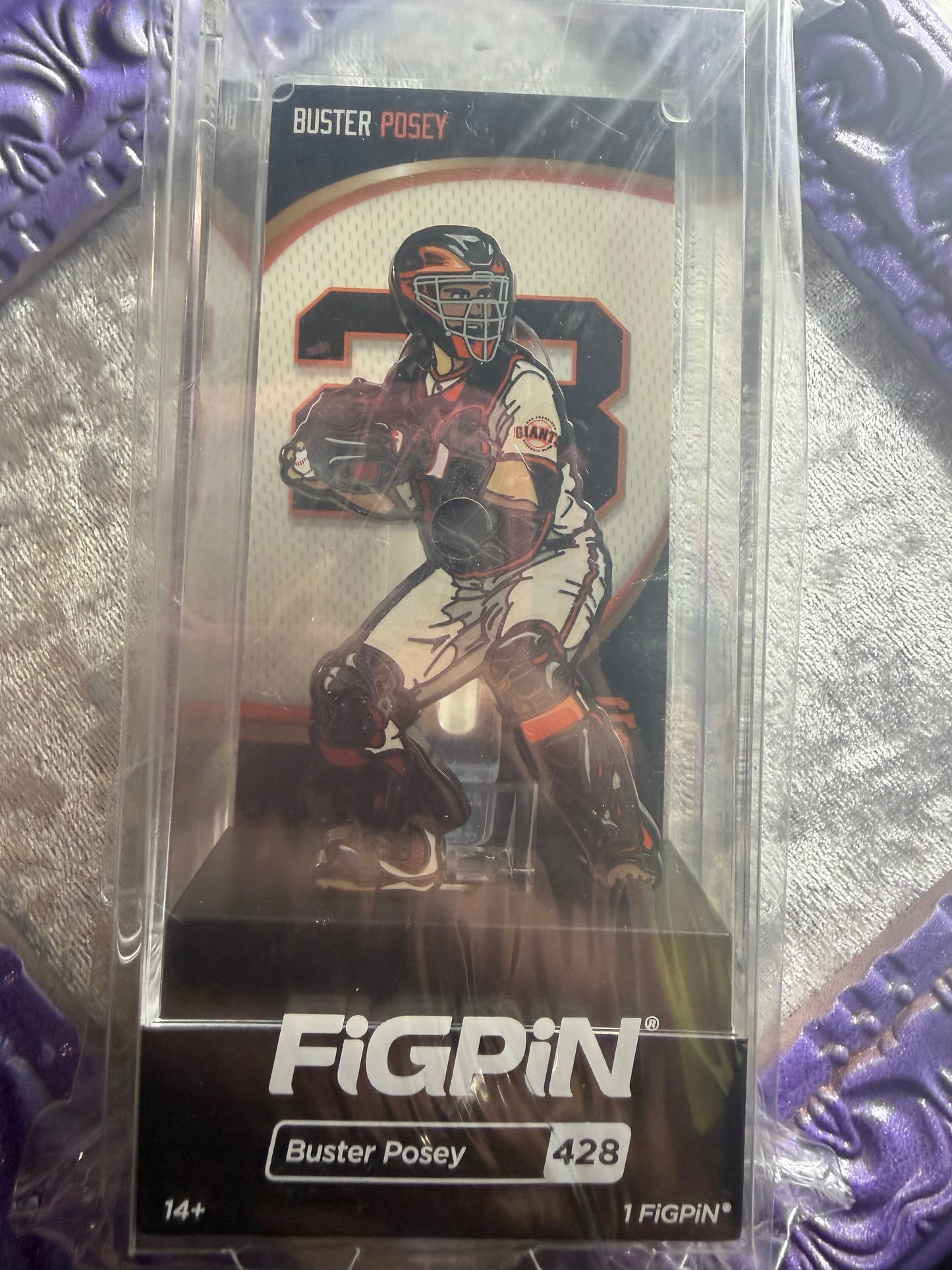San Francisco Giants Buster Posey FiGPiN 428 in its clear display case with collectible background card.