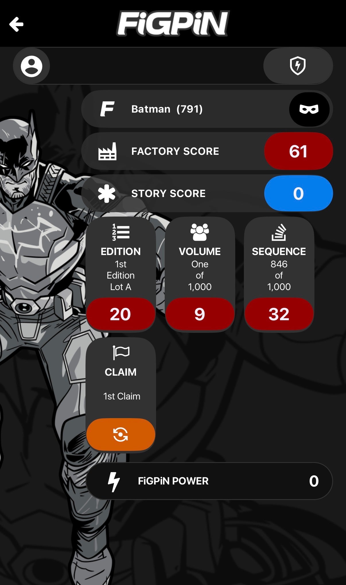 Screenshot of FiGPiN app interface showing serial number entry and pin verification for Batman Future State #791
