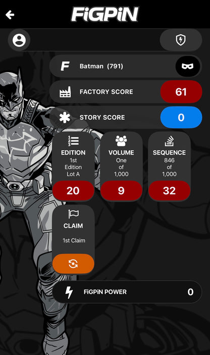 Screenshot of FiGPiN app interface showing serial number entry and pin verification for Batman Future State #791