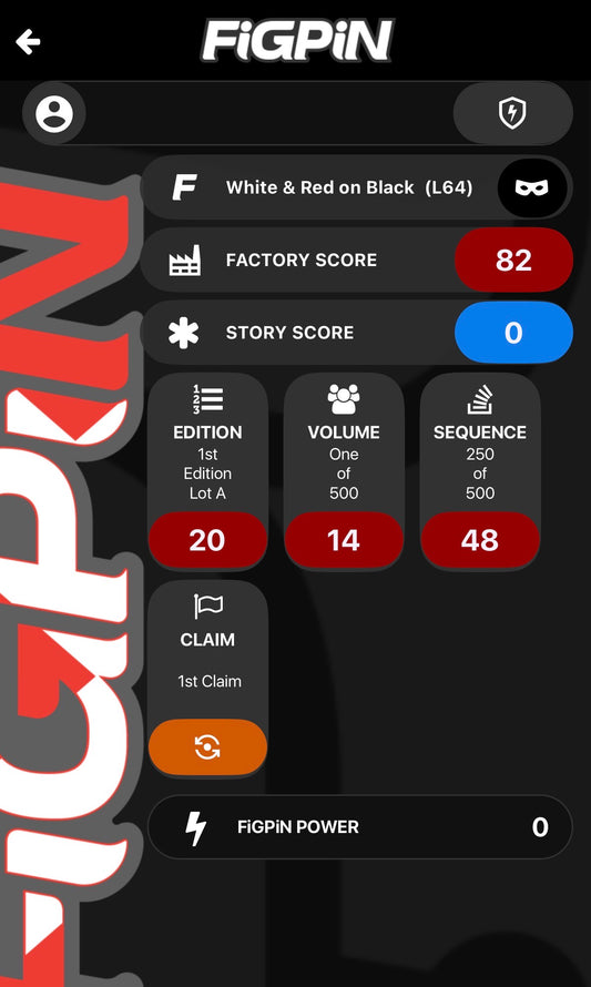 Screenshot of FiGPiN app interface showing serial number entry and pin verification for FiGPiN Logo L64