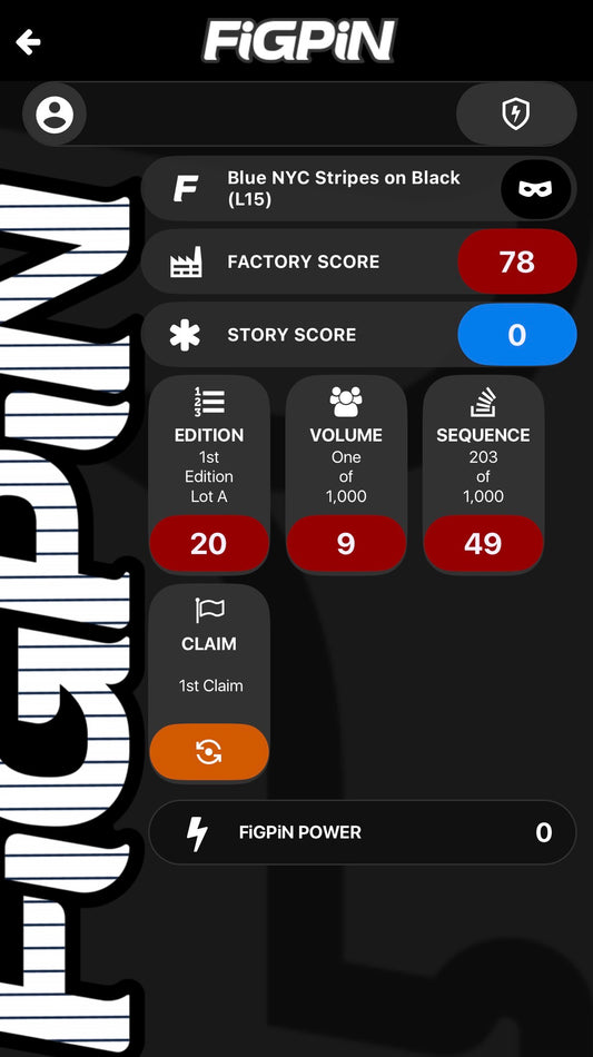 Screenshot of FiGPiN app interface showing serial number entry and pin verification for FiGPiN Logo Pin L15