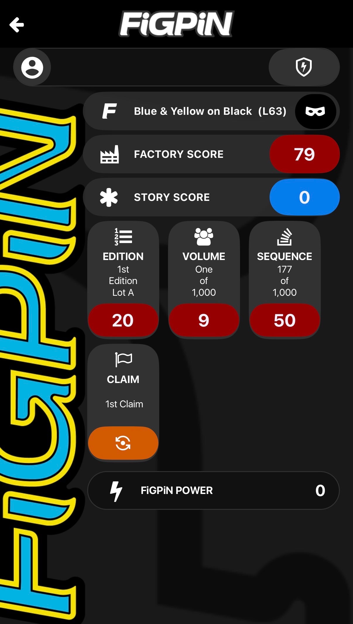 Screenshot of FiGPiN app interface showing serial number entry and pin verification for FiGPiN Logo Pin L63