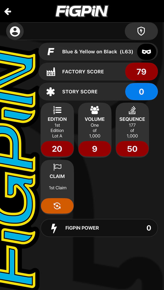 Screenshot of FiGPiN app interface showing serial number entry and pin verification for FiGPiN Logo Pin L63