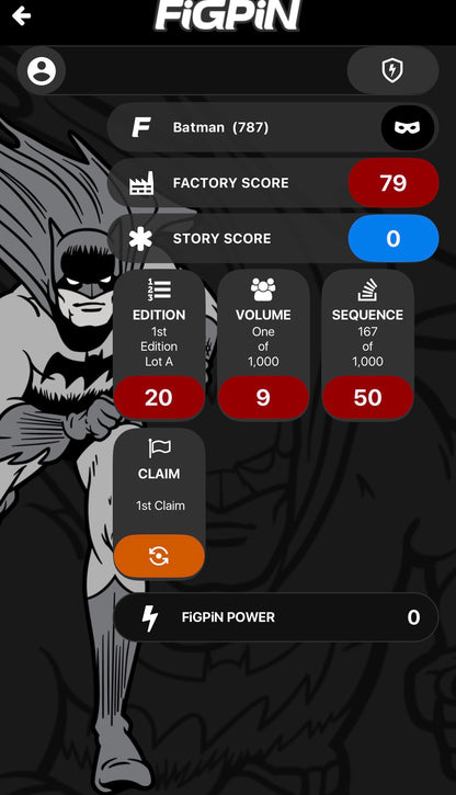 Screenshot of FiGPiN app interface showing serial number entry and pin verification for Golden Age Batman #787