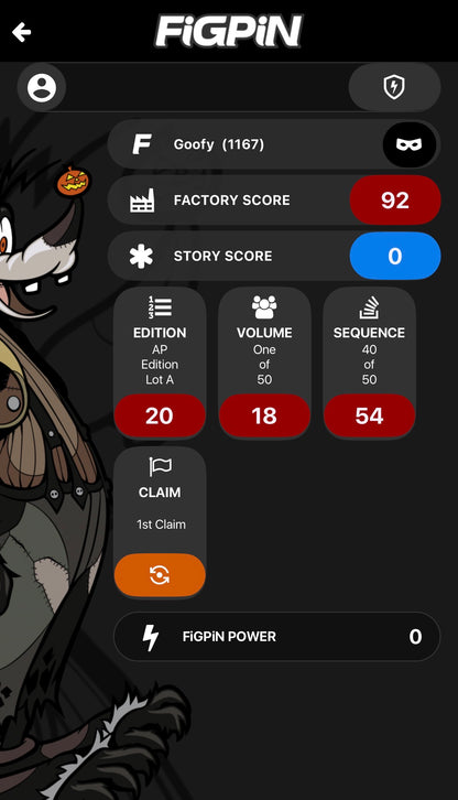 Screenshot of FiGPiN app interface showing serial number entry and pin verification for Goofy #1167 Artist Proof