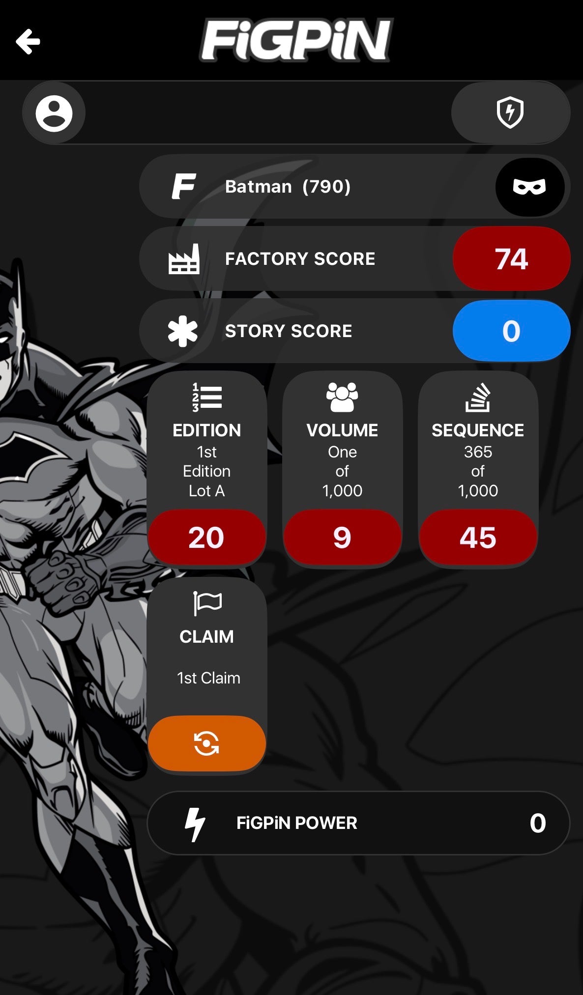 Screenshot of FiGPiN app interface showing serial number entry and pin verification for Rebirth Batman #790