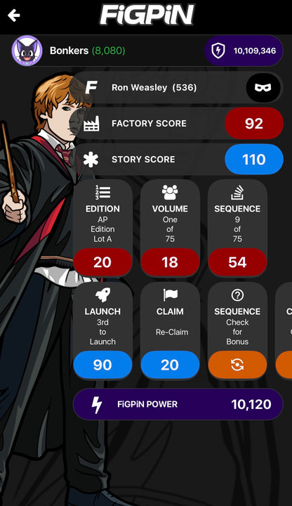 Screenshot of FiGPiN app interface showing serial number entry and pin verification for Ron Weasley #536