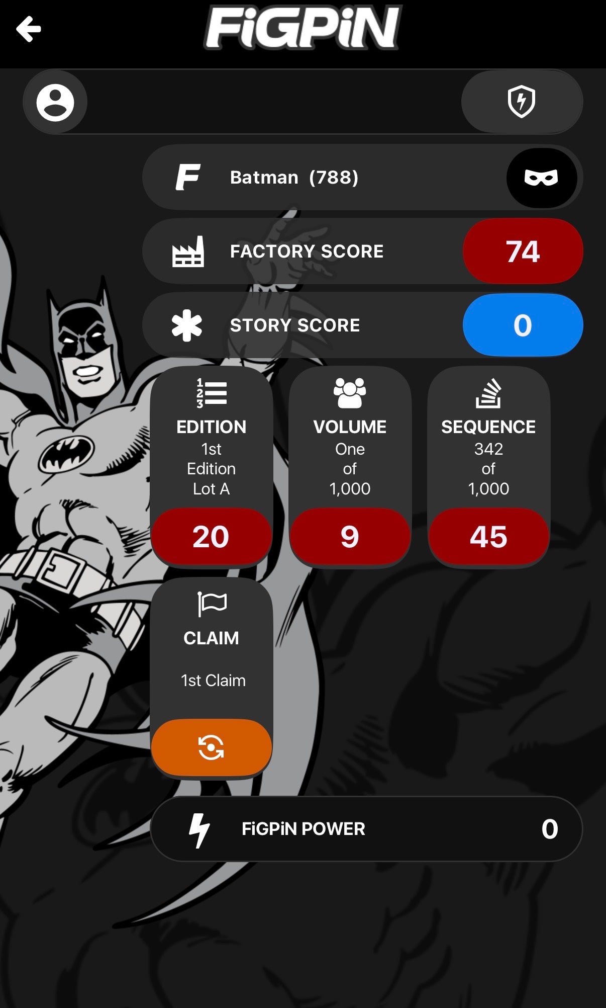 Screenshot of FiGPiN app interface showing serial number entry and pin verification for Silver Age Batman #788