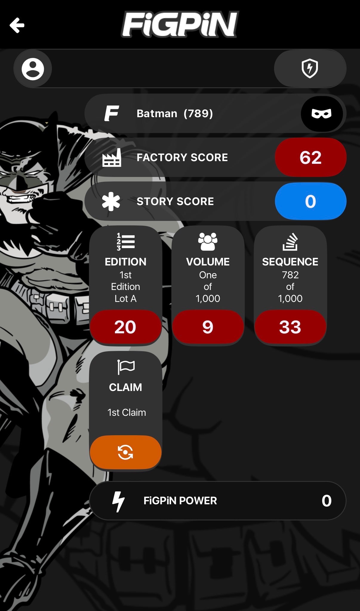 Screenshot of FiGPiN app interface showing serial number entry and pin verification for The Dark Knight Returns Batman #789