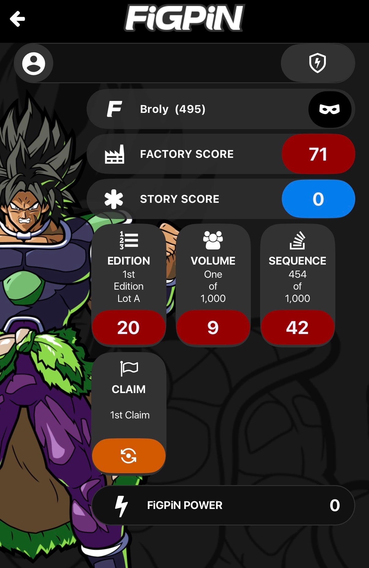 Screenshot of FiGPiN app interface showing serial number entry and pin verification for Broly #495