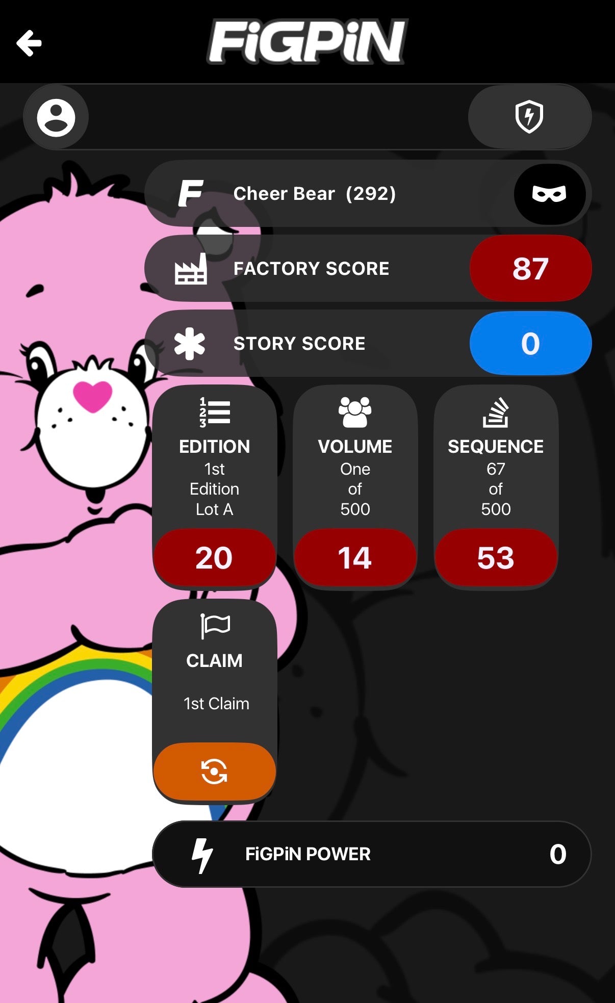 Screenshot of FiGPiN app interface showing serial number entry for Cheer Bear #292
