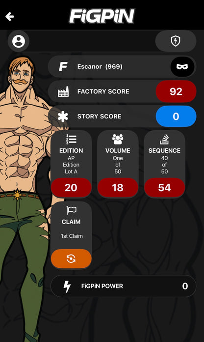 Screenshot of FiGPiN app interface showing serial number entry for Escanor #969 Artist Proof