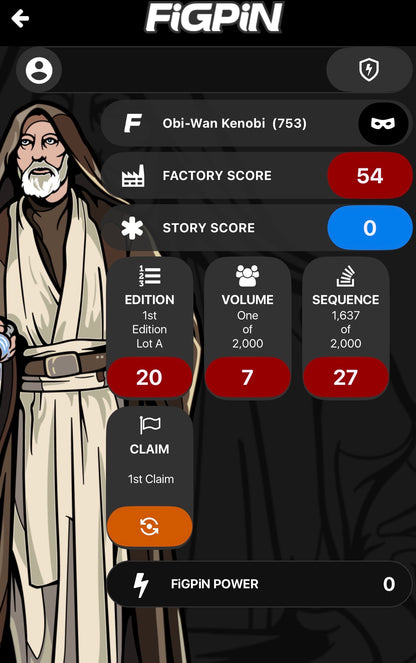 Screenshot of FiGPiN app interface showing serial number entry for Obi-Wan Kenobi #753
