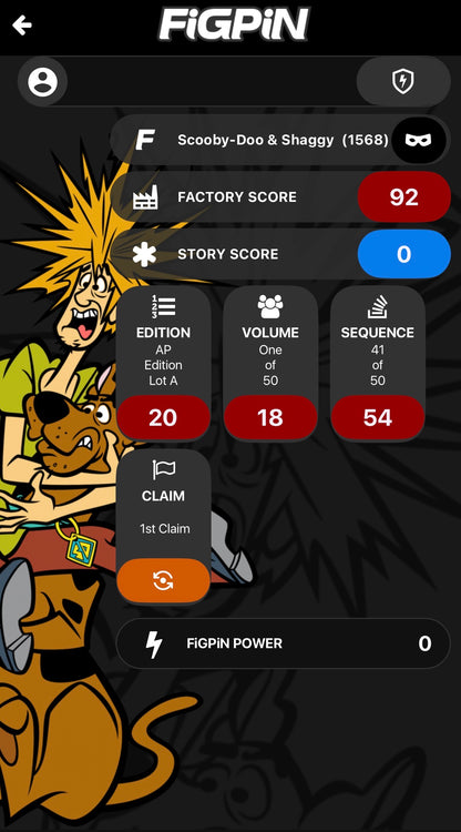 Screenshot of FiGPiN app interface showing serial number entry for Shaggy & Scooby-Doo #1568