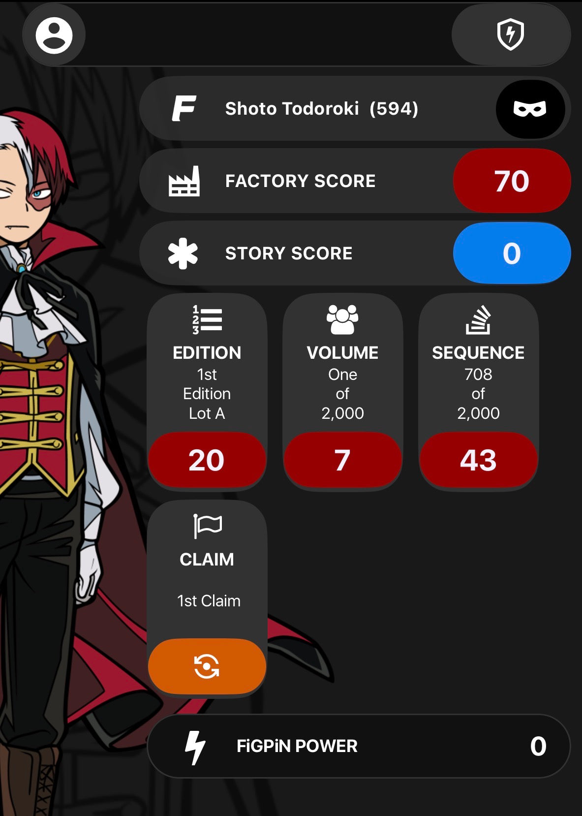 Screenshot of FiGPiN app interface showing serial number entry for Shoto Todoroki Halloween #594