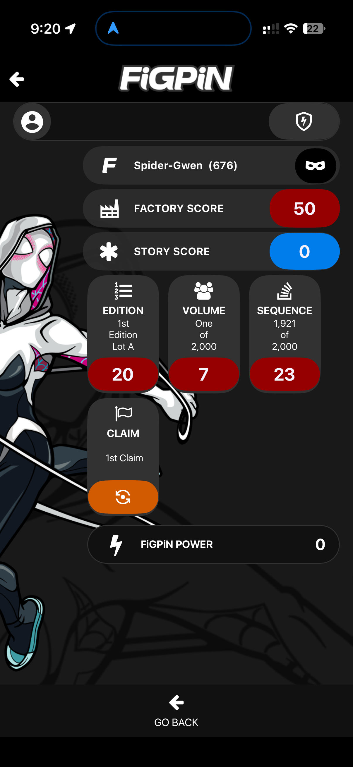 Screenshot of FiGPiN app interface showing serial number entry for Spider-Gwen #676