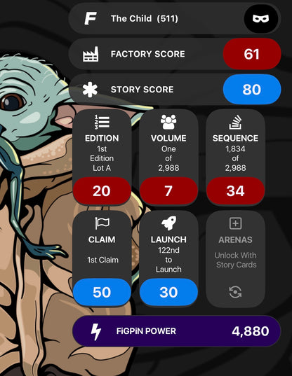 Screenshot of FiGPiN app interface showing serial number entry for The Child Grogu #511