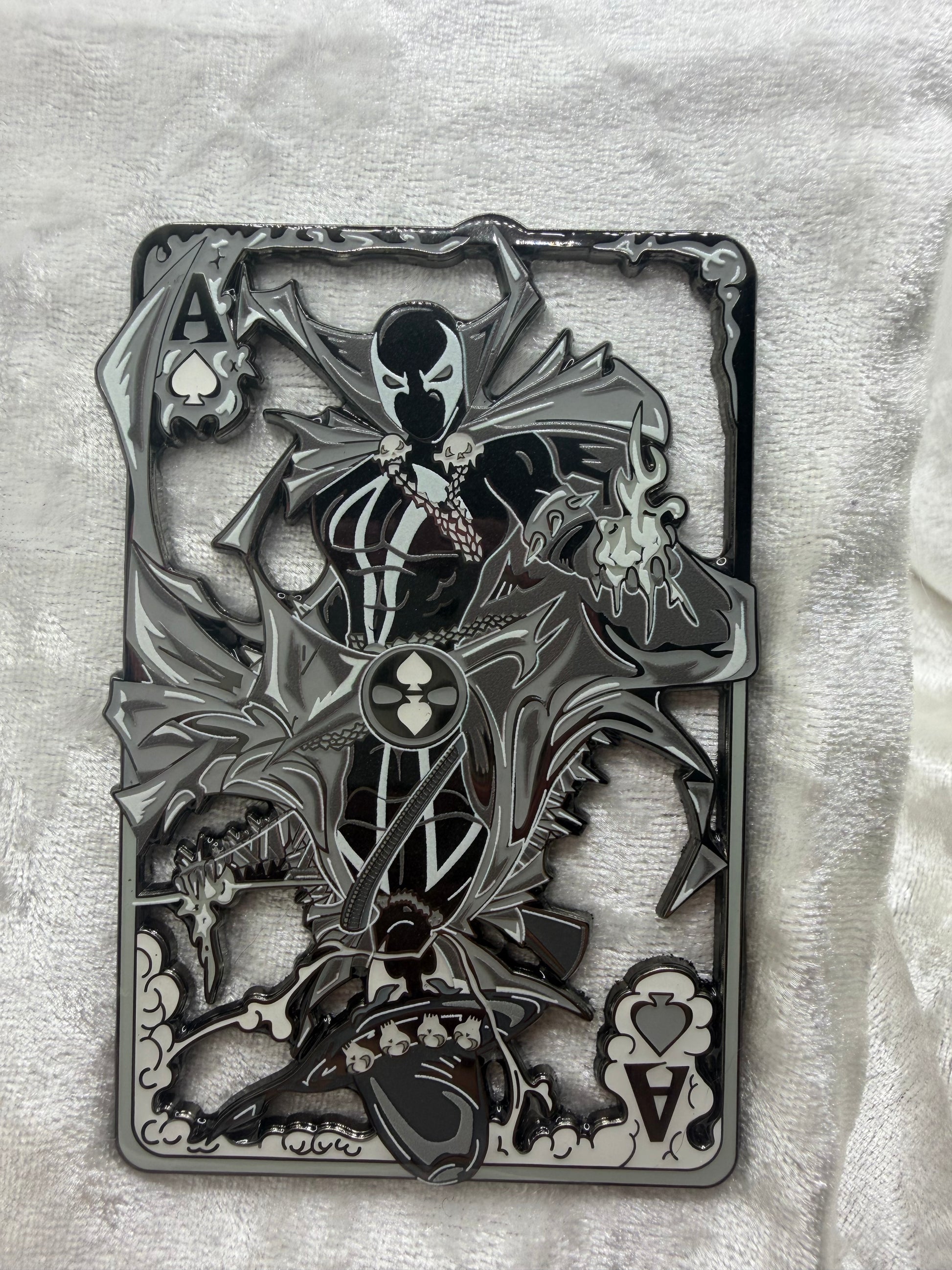 Spawn and Gunslinger Spawn fan-made classic black and white trading card mashup enamel pin by Bendiesticks from Hatcher's Collectibles