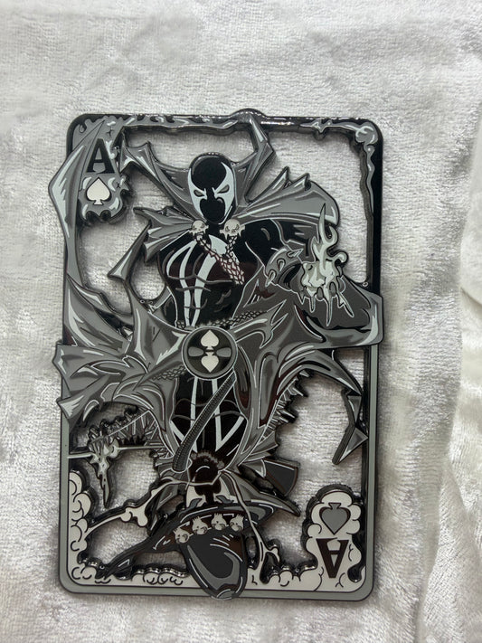 Spawn and Gunslinger Spawn fan-made classic black and white trading card mashup enamel pin by Bendiesticks from Hatcher's Collectibles