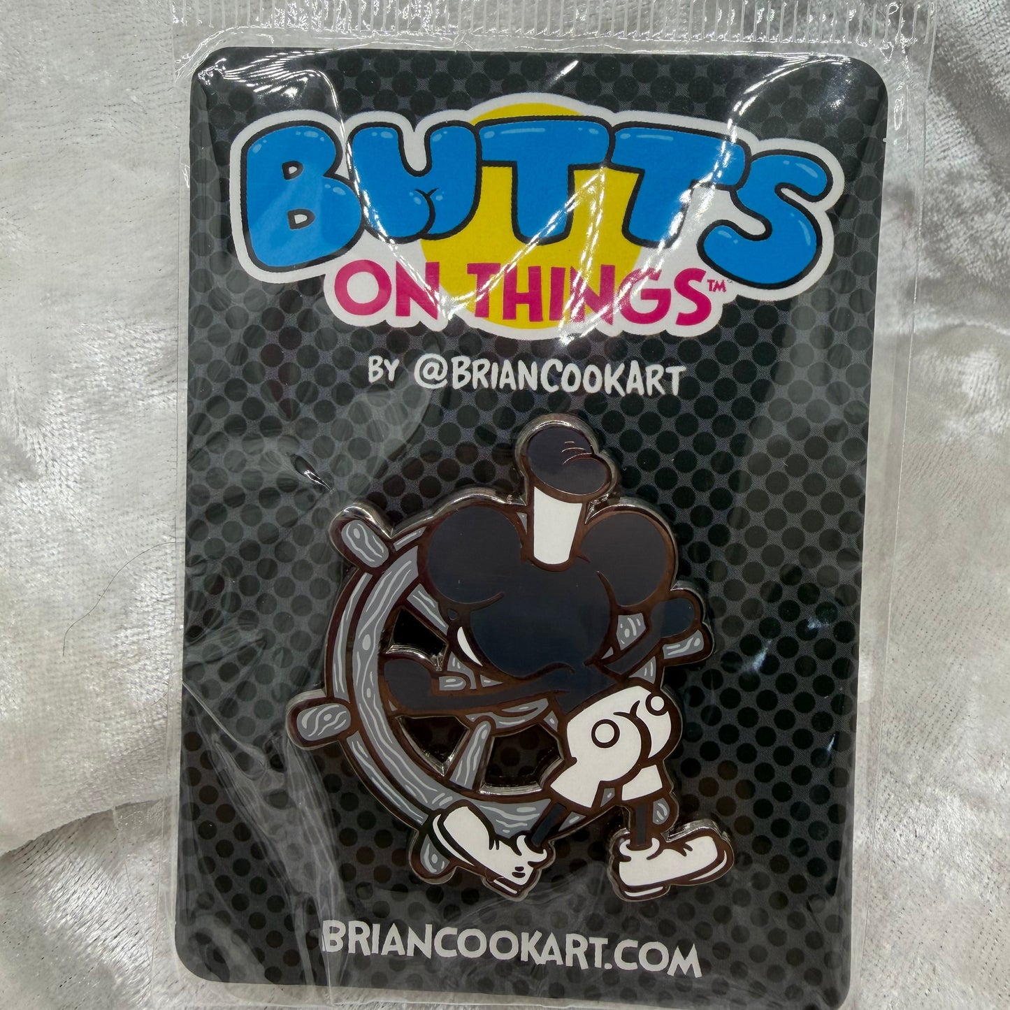 Steambutt Willie Pin by Brian Cook funny black and white vintage cartoon parody enamel pin on backing card