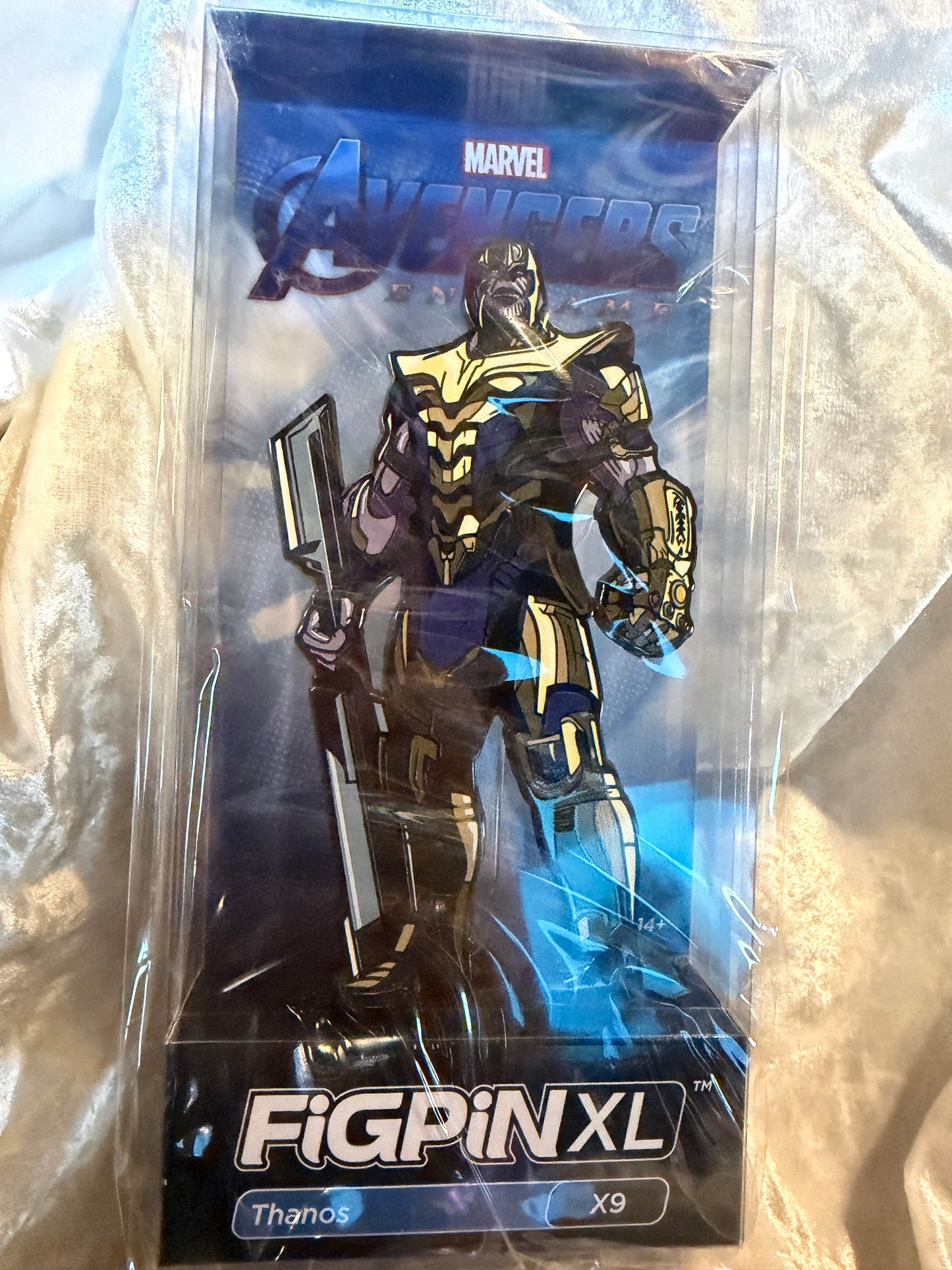 Thanos FiGPiN XL #X9 Marvel Avengers Endgame 6-inch premium hard enamel collectible pin in soft plastic display box with character art card