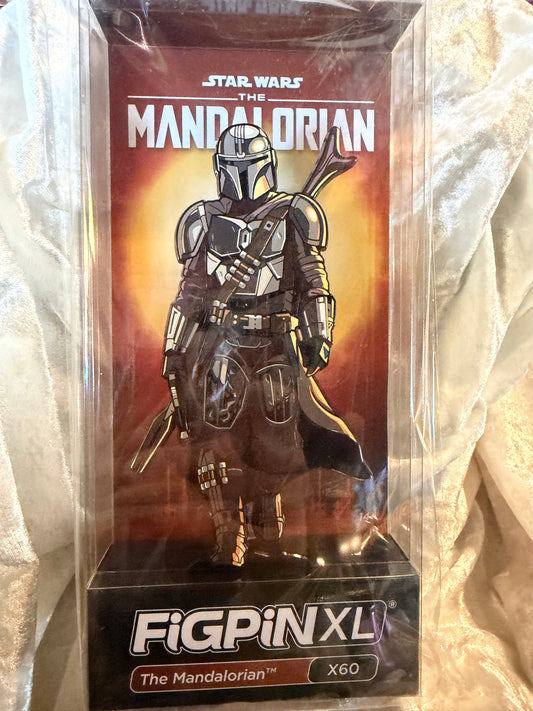 The Mandalorian FiGPiN XL #X60 Star Wars 6-inch premium hard enamel collectible pin in soft plastic display box with character art card