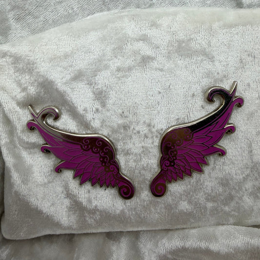  Wing set of two pins pink and silver by Bendiesticks limited edition fifteen two inch pins Hatcher’s Collectibles