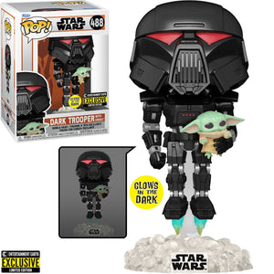 Funko Star Wars The Mandalorian Dark Trooper with Grogu Glow-in-the-Dark Pop! Vinyl Figure Entertainment Earth Exclusive